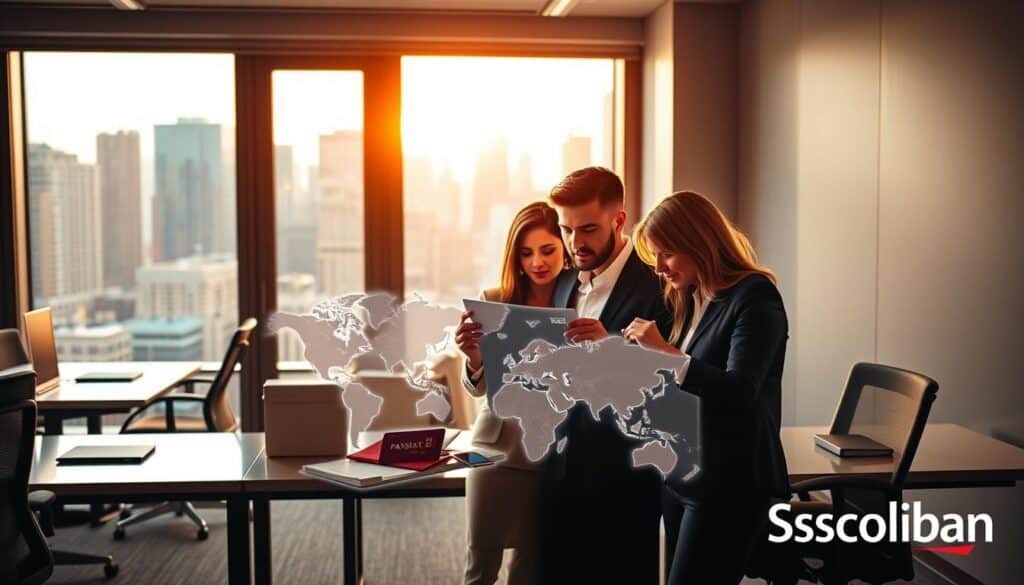 A sophisticated and modern office interior, with sleek desks, ergonomic chairs, and a large window overlooking a bustling city skyline. In the foreground, a group of professionals intently reviewing the Scotiabank Passport Visa Infinite card, examining its features and benefits. The lighting is warm and natural, creating a professional yet inviting atmosphere. The middle ground showcases various travel-related items, such as a world map, a passport, and a luggage tag, hinting at the card's global capabilities. The background features subtle branding elements, like the Scotiabank logo, reinforcing the credibility and trustworthiness of the product. The overall composition conveys a sense of thoughtful consideration and expert evaluation of the Scotiabank Passport Visa Infinite card.