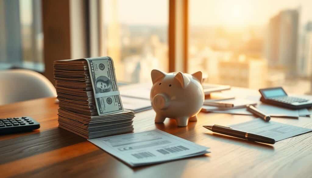 A stack of crisp dollar bills resting on a sturdy wooden table, bathed in warm, golden lighting. In the foreground, a sleek, modern piggy bank stands as a symbol of financial security, its ceramic surface reflecting the ambient glow. The middle ground features a collection of financial documents, a calculator, and a pen, suggesting the careful planning and record-keeping required for a well-managed emergency fund. In the background, a soft, out-of-focus cityscape visible through a large window, hinting at the broader economic landscape. The overall composition conveys a sense of order, stability, and confidence in one's financial future. A stack of crisp dollar bills resting on a sturdy wooden table, bathed in warm, golden lighting. In the foreground, a sleek, modern piggy bank stands as a symbol of financial security, its ceramic surface reflecting the ambient glow. The middle ground features a collection of financial documents, a calculator, and a pen, suggesting the careful planning and record-keeping required for a well-managed emergency fund. In the background, a soft, out-of-focus cityscape visible through a large window, hinting at the broader economic landscape. The overall composition conveys a sense of order, stability, and confidence in one's financial future.