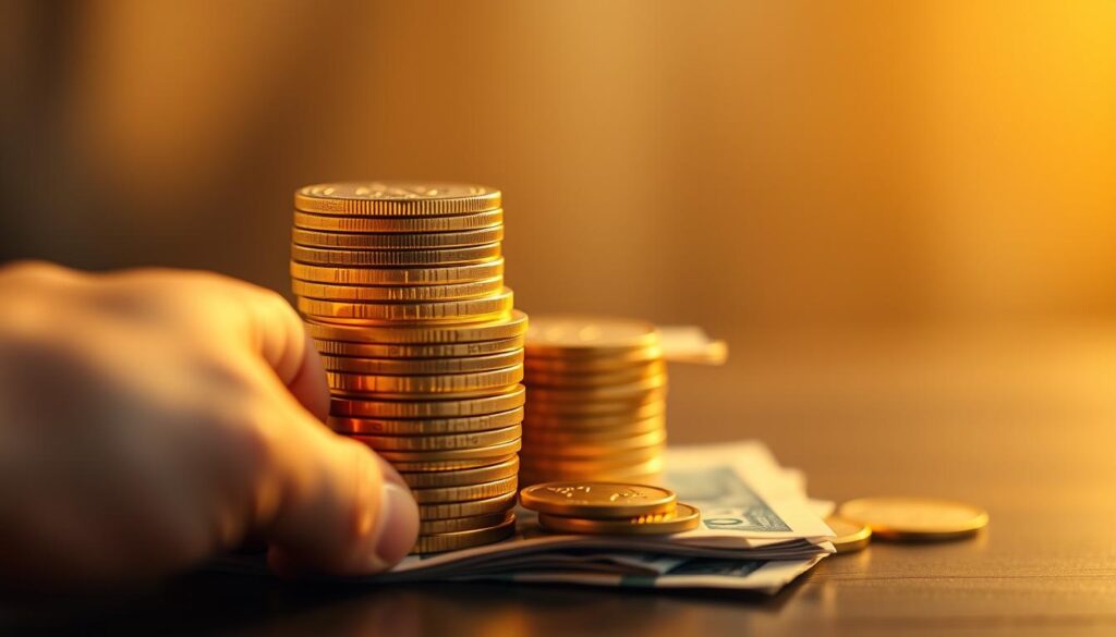A stack of gold coins and paper currency, illuminated by warm, golden lighting that casts a soft glow, symbolizing the security and stability of a well-managed emergency fund. In the foreground, a hand reaching out to the money, conveying the accessibility and importance of having short-term savings readily available. The background blurred, with a sense of tranquility and focus on the financial assets, emphasizing their significance in a smart money management strategy.