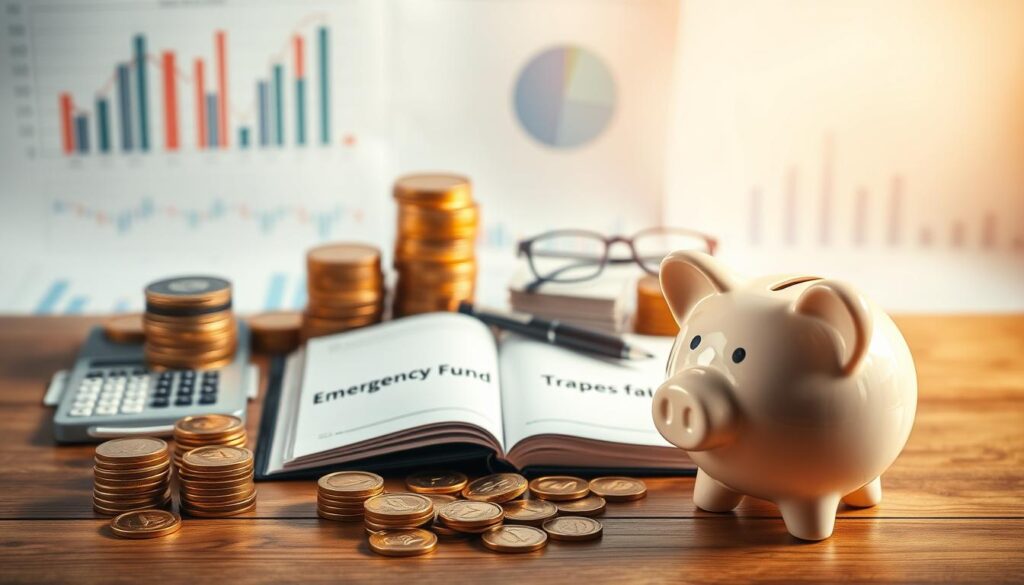 A stacks of gold coins and bills against a backdrop of financial charts and graphs, illuminated by warm, natural lighting. In the foreground, a piggy bank sits atop a wooden table, symbolizing the accumulation of savings. The middle ground features an open book with the words "Emergency Fund" written on its pages, surrounded by a calculator, a pen, and a pair of reading glasses, conveying the planning and organization required to build a financial safety net. The background blurs into a soft, ethereal gradient, creating a sense of focus and importance on the central elements. The overall mood is one of security, preparedness, and financial stability. A stacks of gold coins and bills against a backdrop of financial charts and graphs, illuminated by warm, natural lighting. In the foreground, a piggy bank sits atop a wooden table, symbolizing the accumulation of savings. The middle ground features an open book with the words "Emergency Fund" written on its pages, surrounded by a calculator, a pen, and a pair of reading glasses, conveying the planning and organization required to build a financial safety net. The background blurs into a soft, ethereal gradient, creating a sense of focus and importance on the central elements. The overall mood is one of security, preparedness, and financial stability.
