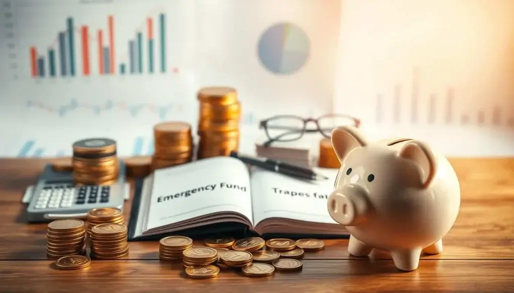 A stacks of gold coins and bills against a backdrop of financial charts and graphs, illuminated by warm, natural lighting. In the foreground, a piggy bank sits atop a wooden table, symbolizing the accumulation of savings. The middle ground features an open book with the words "Emergency Fund" written on its pages, surrounded by a calculator, a pen, and a pair of reading glasses, conveying the planning and organization required to build a financial safety net. The background blurs into a soft, ethereal gradient, creating a sense of focus and importance on the central elements. The overall mood is one of security, preparedness, and financial stability.