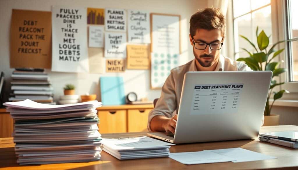 A sun-soaked home office, organized with a neatly stacked pile of financial documents, a laptop displaying a debt repayment plan, and a determined individual intently focused on their budgeting strategies. The scene is illuminated by warm, natural lighting that casts a sense of productivity and progress. In the background, a carefully curated wall of inspirational quotes and financial planning tools creates a serene, motivational atmosphere. The overall composition conveys a sense of control, efficiency, and a steadfast commitment to achieving financial freedom through responsible debt management. A sun-soaked home office, organized with a neatly stacked pile of financial documents, a laptop displaying a debt repayment plan, and a determined individual intently focused on their budgeting strategies. The scene is illuminated by warm, natural lighting that casts a sense of productivity and progress. In the background, a carefully curated wall of inspirational quotes and financial planning tools creates a serene, motivational atmosphere. The overall composition conveys a sense of control, efficiency, and a steadfast commitment to achieving financial freedom through responsible debt management.