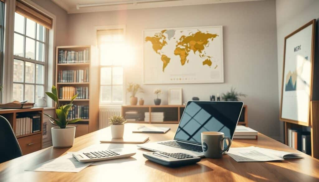 A tranquil office setting, with a desk showcasing a laptop, calculator, and financial documents. Sunlight streams through large windows, casting a warm glow on the space. On the desk, a potted plant and a mug of coffee add a touch of life. In the background, bookshelves filled with financial tomes and a framed world map suggest an atmosphere of learning and global perspective. The mood is one of focused productivity, inviting the viewer to explore the fundamentals of investing and building wealth. A tranquil office setting, with a desk showcasing a laptop, calculator, and financial documents. Sunlight streams through large windows, casting a warm glow on the space. On the desk, a potted plant and a mug of coffee add a touch of life. In the background, bookshelves filled with financial tomes and a framed world map suggest an atmosphere of learning and global perspective. The mood is one of focused productivity, inviting the viewer to explore the fundamentals of investing and building wealth.