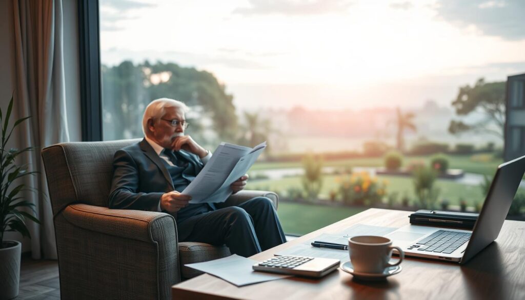 A tranquil scene of retirement planning, with a retiree contemplating their financial future. In the foreground, a well-dressed individual sits comfortably in a plush armchair, studying retirement documents and paperwork. The middle ground showcases a neatly organized desk, with a laptop, calculator, and a cup of steaming coffee, symbolizing the careful consideration of financial decisions. In the background, a peaceful landscape unfolds, with a serene garden, swaying trees, and a calming sky, evoking a sense of security and contentment. Soft, warm lighting illuminates the scene, creating an atmosphere of thoughtfulness and confidence in the planning process. A tranquil scene of retirement planning, with a retiree contemplating their financial future. In the foreground, a well-dressed individual sits comfortably in a plush armchair, studying retirement documents and paperwork. The middle ground showcases a neatly organized desk, with a laptop, calculator, and a cup of steaming coffee, symbolizing the careful consideration of financial decisions. In the background, a peaceful landscape unfolds, with a serene garden, swaying trees, and a calming sky, evoking a sense of security and contentment. Soft, warm lighting illuminates the scene, creating an atmosphere of thoughtfulness and confidence in the planning process.