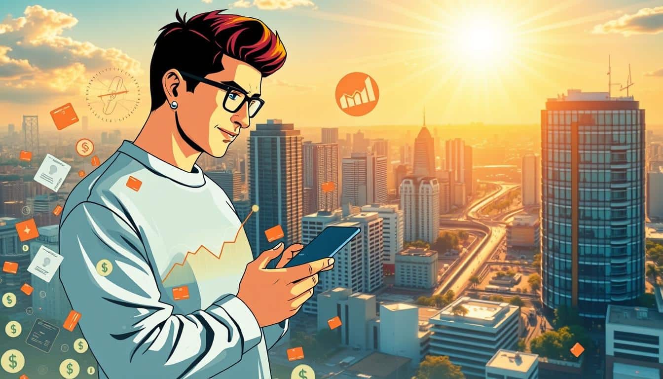 A vibrant and dynamic illustration showcasing the concept of credit score improvement. In the foreground, a person is confidently monitoring their credit score on a sleek digital device, the screen reflecting an upward-trending graph. Surrounding them, a mosaic of credit cards, financial documents, and various icons representing financial health and wellness. In the middle ground, a cityscape with modern architecture bathed in a warm, golden light, symbolizing the positive impact of improved credit. The background features a serene, cloudless sky with rays of sunlight piercing through, conveying a sense of clarity, progress, and opportunity. Captured with a wide-angle lens and a cinematic, aspirational tone to visually encapsulate the theme of "Boost Your Health with Credit Score Improvement Tips".