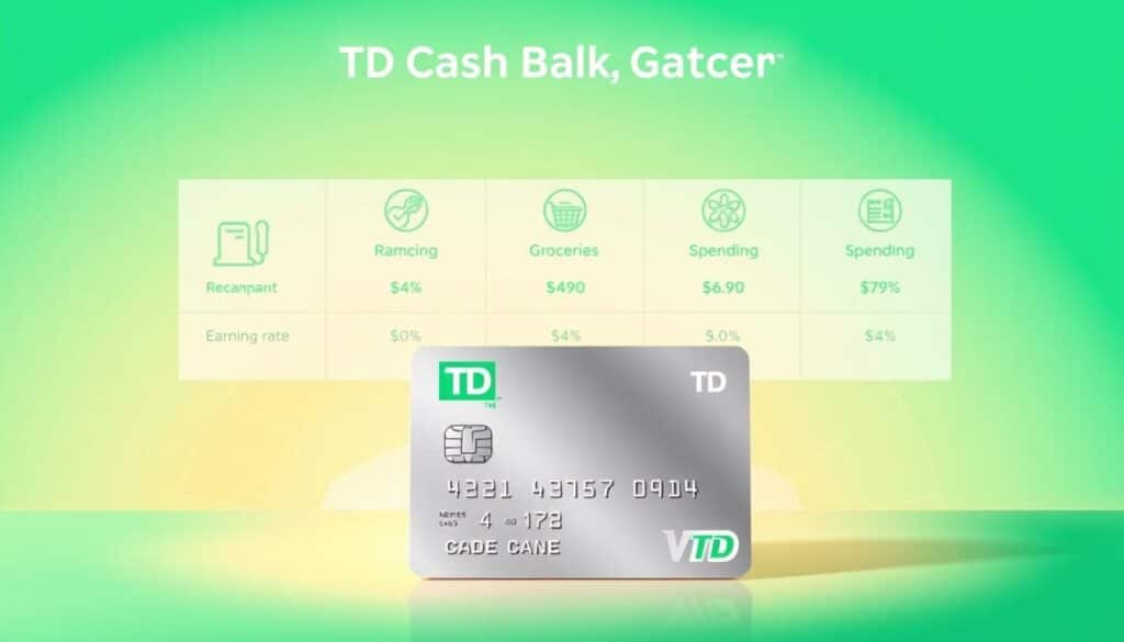 A vibrant and visually captivating illustration of the TD Cash Back rewards structure. In the foreground, a sleek metal credit card with the TD logo sits prominently, its surface reflecting a soft, warm lighting. Behind it, a detailed breakdown of the earning rates is displayed, with clear and concise icons representing gas, groceries, and other spending categories. The middle ground features a geometric pattern of shapes and lines, hinting at the structured nature of the rewards program. In the background, a soft, gradient-based color palette sets a sophisticated and polished tone, complementing the overall design. The composition is balanced and visually appealing, seamlessly conveying the key details of the TD Cash Back rewards structure.