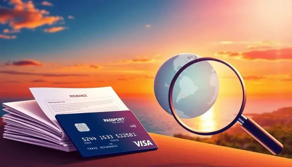 A vibrant, detailed illustration showcasing the travel insurance coverage and protections offered by the Scotiabank Passport Visa Infinite card. In the foreground, a stack of travel documents, a credit card, and a magnifying glass, emphasizing the insurance details. In the middle ground, a globe and a map with flight paths, conveying global travel coverage. The background features a warm, radiant sunset over a serene coastal landscape, evoking a sense of safety and security during international journeys. The lighting is soft and natural, with a depth of field that draws the viewer's attention to the key elements. The overall composition is balanced and visually compelling, reflecting the comprehensive travel protection provided by the Scotiabank Passport Visa Infinite card.