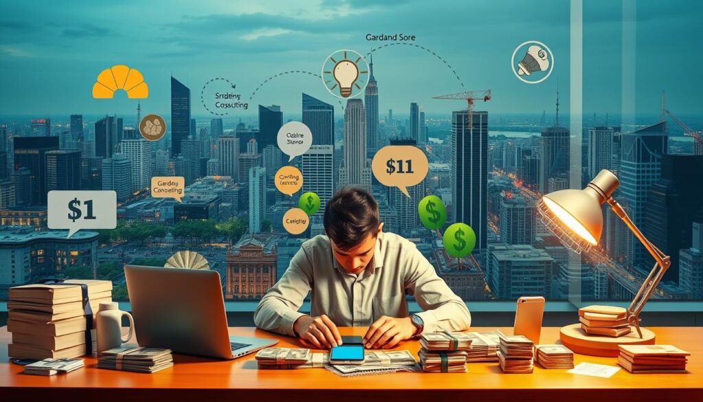 A vibrant, dynamic scene depicting multiple income streams. In the foreground, a person sits at a desk, surrounded by various sources of revenue - a laptop, stacks of cash, a smartphone, and a few entrepreneurial projects. The middle ground showcases a diverse array of income-generating activities, from a small online store to a gardening business and a freelance consulting service. In the background, a cityscape with skyscrapers and bustling streets, symbolizing the broader financial landscape. The lighting is warm and inviting, casting a glow of prosperity and financial stability. The overall composition conveys a sense of balance, opportunity, and the potential for a secure financial future.