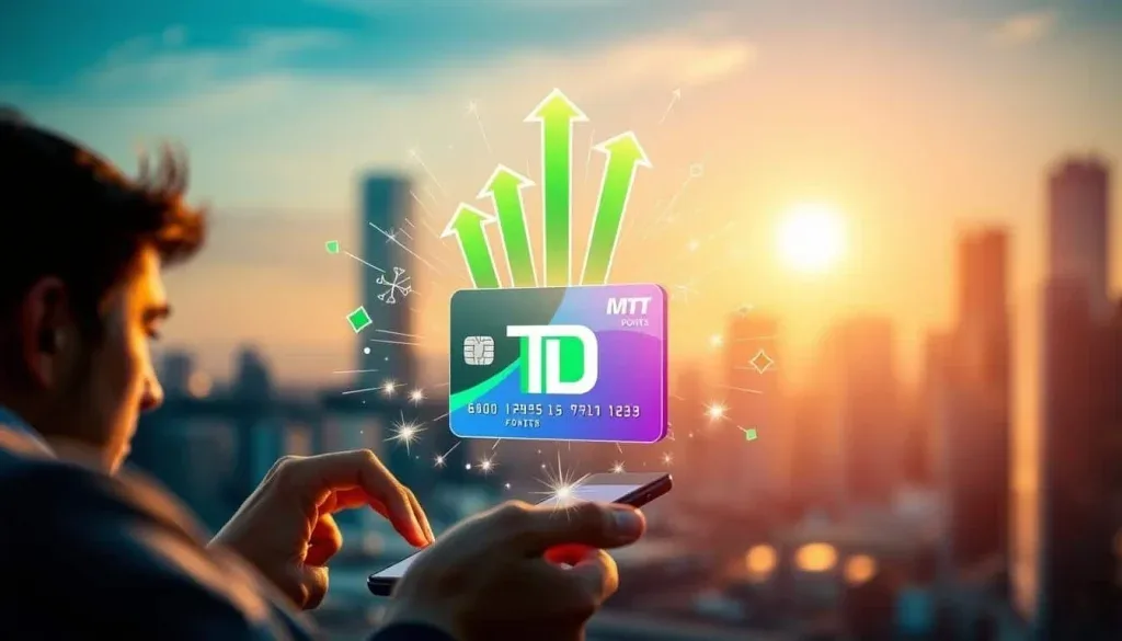 A vibrant, dynamic scene depicting the maximization of TD Points. In the foreground, a person energetically taps on a smartphone, with a radiant illustration of rising TD Points above their head, rendered in a sleek, modern style. In the middle ground, a stylized credit card and TD logo take center stage, surrounded by shimmering sparkles and geometric shapes that convey a sense of financial growth and reward. The background features a blurred city skyline, evoking a sense of urban sophistication and financial success. The lighting is warm and inviting, creating a mood of excitement and achievement around the core theme of maximizing TD Points.