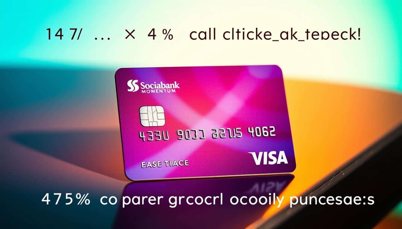 A vibrant, glossy credit card with the Scotiabank Momentum Visa Infinite logo prominently displayed, resting on a sleek, metallic surface. The card is illuminated by warm, directional lighting, casting subtle shadows that accentuate its elegant, sophisticated design. In the background, a soft, blurred gradient of blues and greens creates a sense of depth and harmony, evoking the trustworthy and reliable nature of the Scotiabank brand. The image conveys a premium, high-quality aesthetic that aligns with the 4% cash back on grocery purchases offered by the Scotiabank Momentum Visa Infinite card.
