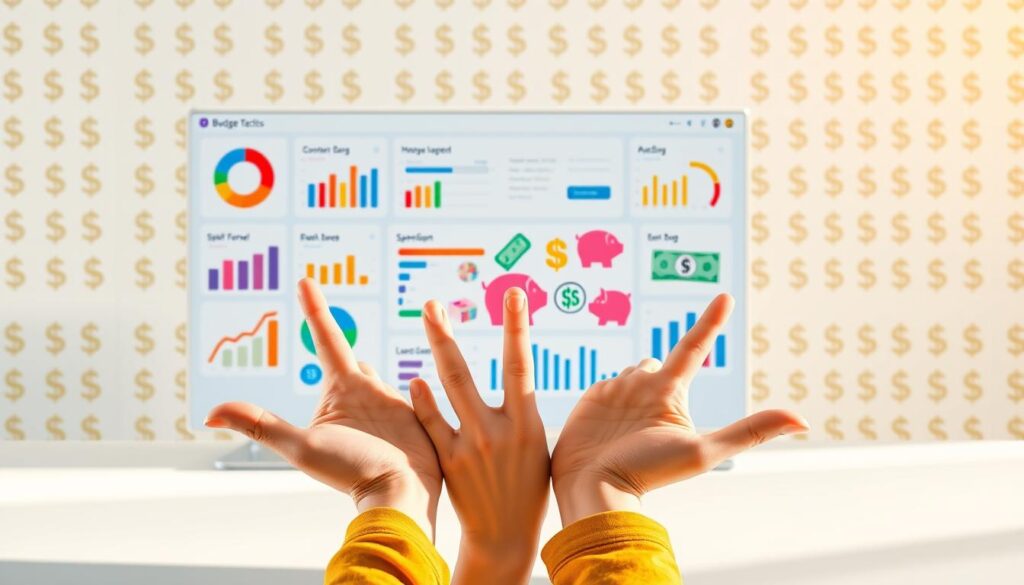 A vibrant infographic showcasing an array of budgeting tactics. In the foreground, a clean, minimalist dashboard displays colorful graphs, pie charts, and spending trackers. In the middle ground, a trio of hands gestures towards various financial icons, including piggy banks, credit cards, and bills. The background features a subtle pattern of dollar signs, creating a sense of financial diligence and organization. Warm, natural lighting illuminates the scene, conveying a feeling of thoughtful planning and prudent money management. The overall atmosphere is one of clarity, control, and financial empowerment. A vibrant infographic showcasing an array of budgeting tactics. In the foreground, a clean, minimalist dashboard displays colorful graphs, pie charts, and spending trackers. In the middle ground, a trio of hands gestures towards various financial icons, including piggy banks, credit cards, and bills. The background features a subtle pattern of dollar signs, creating a sense of financial diligence and organization. Warm, natural lighting illuminates the scene, conveying a feeling of thoughtful planning and prudent money management. The overall atmosphere is one of clarity, control, and financial empowerment.