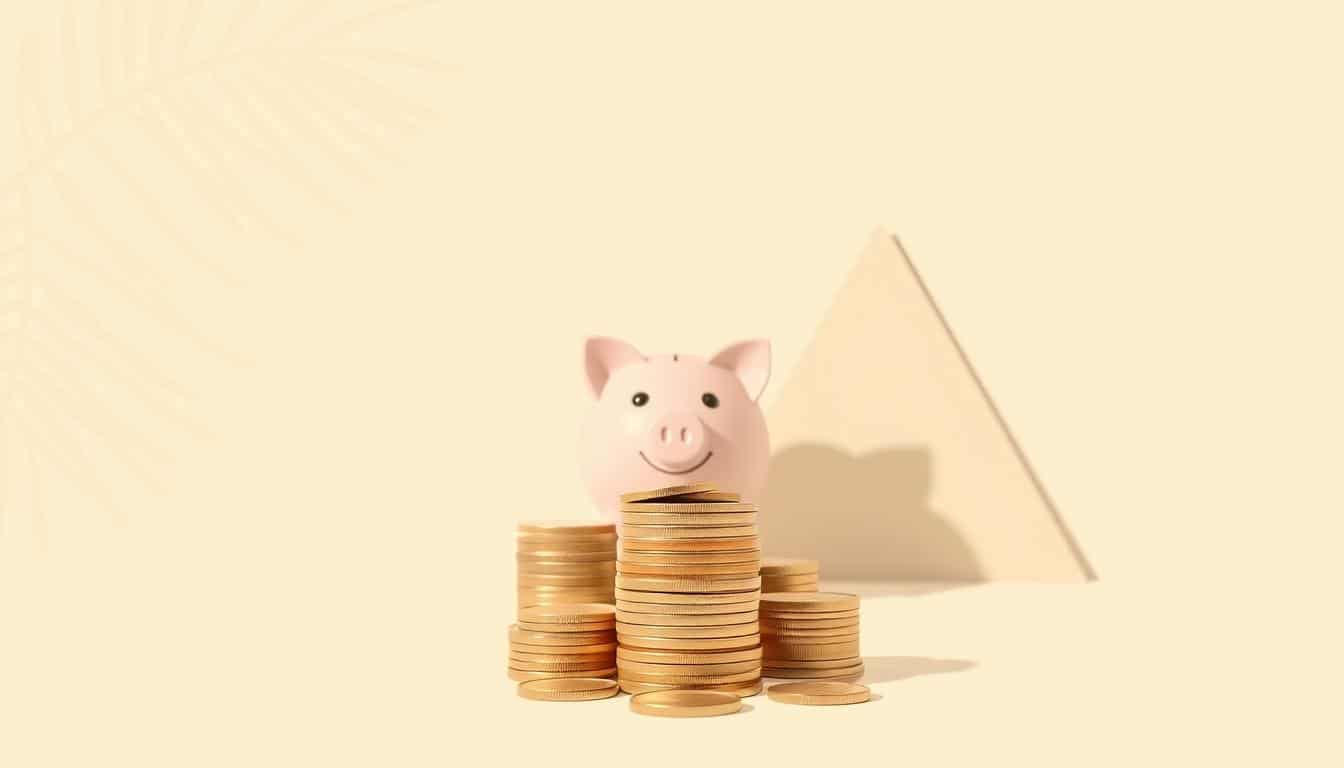 A vibrant, minimalist illustration of personal finance. In the foreground, a stack of coins and bills cascades against a plain, light-colored background, casting dynamic shadows. In the middle ground, a simple piggy bank with a satisfied expression sits upright, its coin slot overflowing. In the background, delicate geometric shapes in muted tones create a sense of depth and balance. The overall mood is one of simple yet effective money-saving techniques, captured through a clean, modern aesthetic and carefully considered lighting and composition.