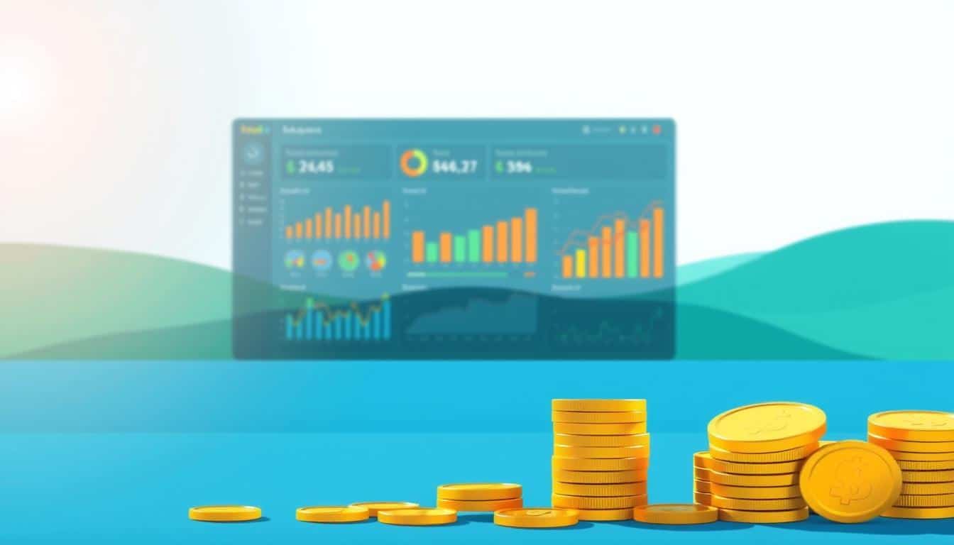 A vibrant, minimalist illustration of savvy saving practices. A neatly stacked pile of gold coins occupies the foreground, backlit by a soft, diffused light. In the middle ground, a well-organized personal finance dashboard displays charts and graphs, conveying a sense of financial control and prudent decision-making. The background features a serene, abstract landscape in shades of blue and green, evoking a calm, contemplative atmosphere. The overall composition is balanced, with clean lines and a cohesive color palette, reflecting the discipline and mindfulness of effective saving and investing.