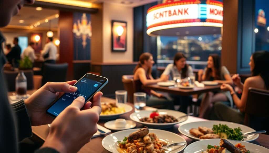 A vibrant, modern scene showcasing various everyday activities to earn Scene+ points. In the foreground, a person using a smartphone to make a digital payment, their hand accented by a Scotiabank Scene+ Visa card. In the middle ground, a group of friends dining at an upscale restaurant, plates of delectable dishes before them. In the background, a movie theater marquee illuminates the night sky, hinting at earning points through entertainment. The lighting is warm and inviting, creating a sense of ease and approachability. The composition is balanced, guiding the viewer's eye through the different ways to accumulate Scene+ points in daily life.
