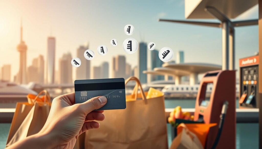 A vibrant, photorealistic image showcasing the everyday spending activities that can earn Aeroplan points. In the foreground, a person's hand holding a credit card against a backdrop of typical purchases - a coffee, a grocery bag, a tank of gas. In the middle ground, a series of Aeroplan point icons float above the purchases, highlighting the accrual of rewards. The background features a sleek, modern cityscape with skyscrapers and transportation hubs, suggesting the versatility of earning points for travel. The lighting is warm and natural, creating a sense of everyday utility and financial empowerment. The overall composition conveys the ease and convenience of earning Aeroplan points through routine expenditures.