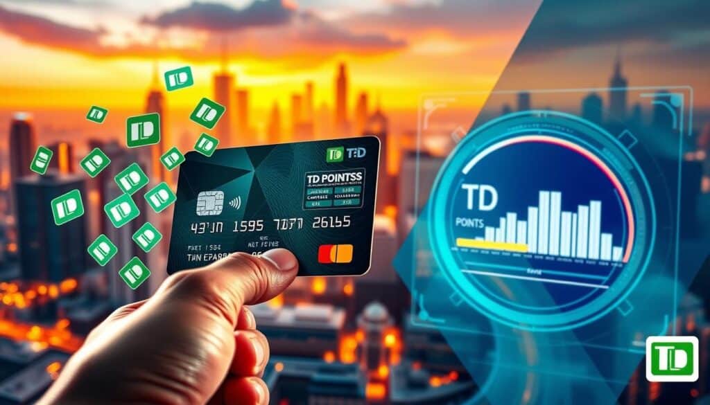 A visually striking and dynamic image depicting the maximization of TD Points. The foreground shows a person's hand using a credit card to make a transaction, with animated TD Points icons swirling and accumulating around the card. The middle ground features a stylized, futuristic interface displaying the current TD Points balance, transaction details, and a progress bar visualizing the growing point total. The background showcases a vibrant, geometric cityscape, with skyscrapers and infrastructure illuminated by warm, diffused lighting, conveying a sense of urban prosperity and financial empowerment. The overall composition and color palette evoke a mood of efficiency, success, and the strategic optimization of rewards.