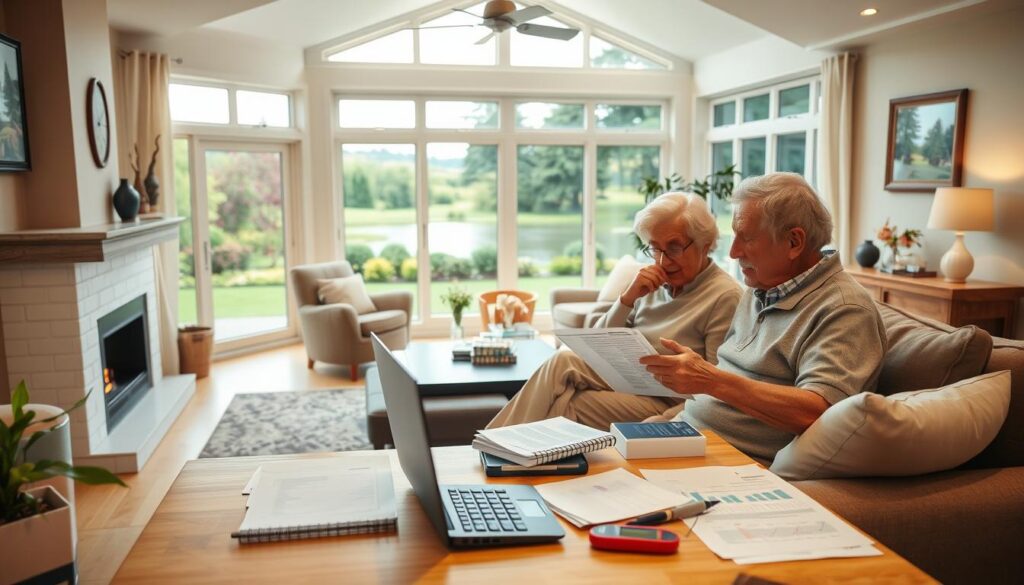 A well-lit and spacious retirement home interior, with a cozy living room featuring plush seating, a fireplace, and a large window overlooking a lush garden. In the foreground, an elderly couple sits on a comfortable sofa, engaged in a thoughtful discussion while reviewing financial documents and retirement planning materials. The middle ground showcases a neatly organized desk with a laptop, calculator, and various financial planning tools. The background depicts a serene outdoor scene, with a tranquil pond and a picturesque landscape, symbolizing the peaceful and secure future they have carefully planned for. A well-lit and spacious retirement home interior, with a cozy living room featuring plush seating, a fireplace, and a large window overlooking a lush garden. In the foreground, an elderly couple sits on a comfortable sofa, engaged in a thoughtful discussion while reviewing financial documents and retirement planning materials. The middle ground showcases a neatly organized desk with a laptop, calculator, and various financial planning tools. The background depicts a serene outdoor scene, with a tranquil pond and a picturesque landscape, symbolizing the peaceful and secure future they have carefully planned for.