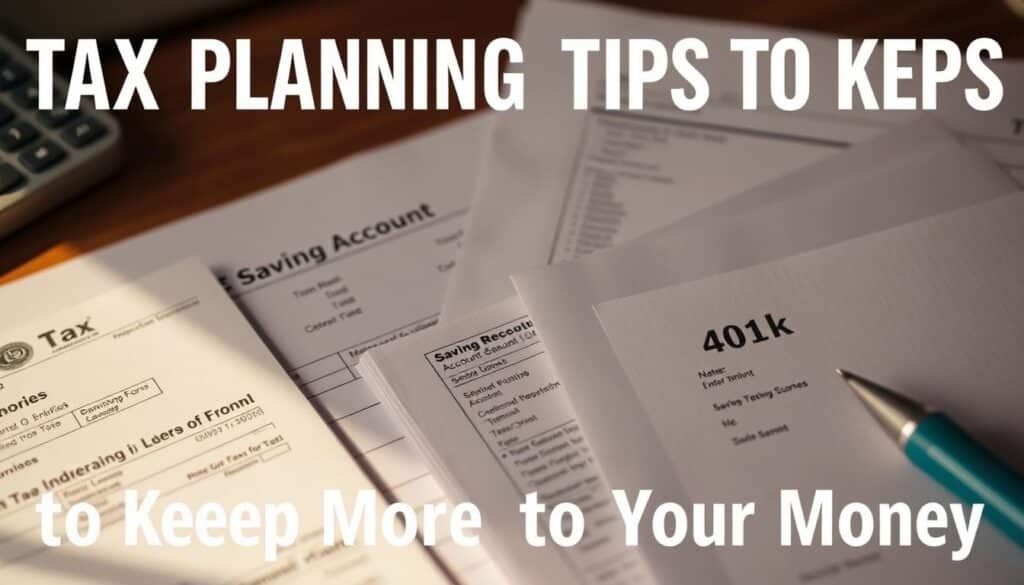 A well-lit, close-up view of various financial documents and accounts, including a tax form, savings account statement, and 401(k) statement, arranged neatly on a wooden desk. The documents are highlighted by warm, directional lighting, casting soft shadows and creating a sense of depth and focus. The overall composition conveys a sense of organization, planning, and financial responsibility, reflecting the "Tax Planning Tips to Keep More of Your Money" theme. A well-lit, close-up view of various financial documents and accounts, including a tax form, savings account statement, and 401(k) statement, arranged neatly on a wooden desk. The documents are highlighted by warm, directional lighting, casting soft shadows and creating a sense of depth and focus. The overall composition conveys a sense of organization, planning, and financial responsibility, reflecting the "Tax Planning Tips to Keep More of Your Money" theme.