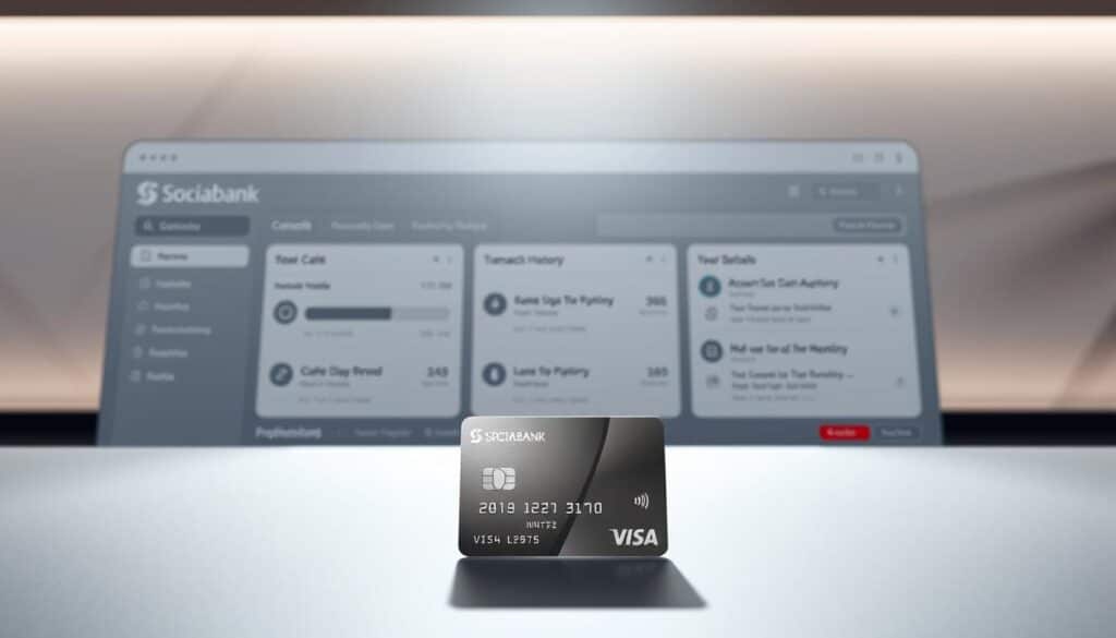A well-lit, digital banking interface showcasing the Scotiabank Momentum Visa Infinite account dashboard. In the foreground, an elegant card design with metallic accents takes center stage, surrounded by a clean, minimalist layout of account details, transaction history, and user controls. The middle ground features intuitive navigation menus, enabling seamless account management. The background subtly depicts a modern banking environment, with subtle geometric patterns and muted tones creating a professional, trustworthy atmosphere. Lighting is soft and diffused, creating depth and highlighting the key interface elements. The overall composition conveys a sense of sophistication, control, and ease of use for managing one's Momentum Visa Infinite account.