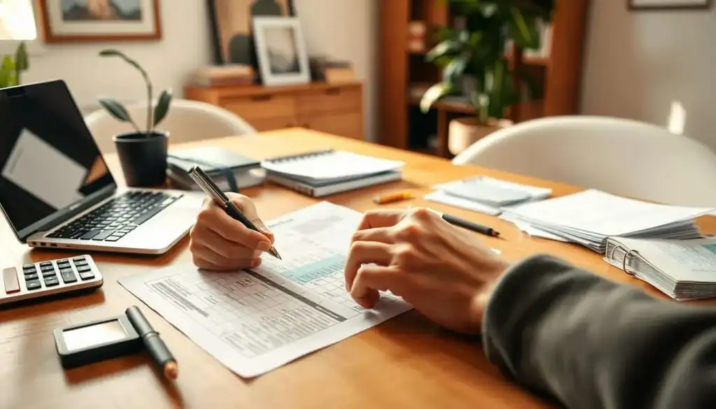 A well-lit home office scene, with a wooden desk, a laptop, a calculator, and a stack of paper documents. The foreground features a person's hands neatly tracking expenses on a spreadsheet, with a focused expression. The middle ground showcases various budgeting tools like a pen, a highlighter, and a small organizer. The background has a cozy atmosphere, with a potted plant, a framed artwork, and a bookshelf, creating a sense of productivity and organization. The lighting is warm and natural, creating a calming, efficient, and task-oriented environment.