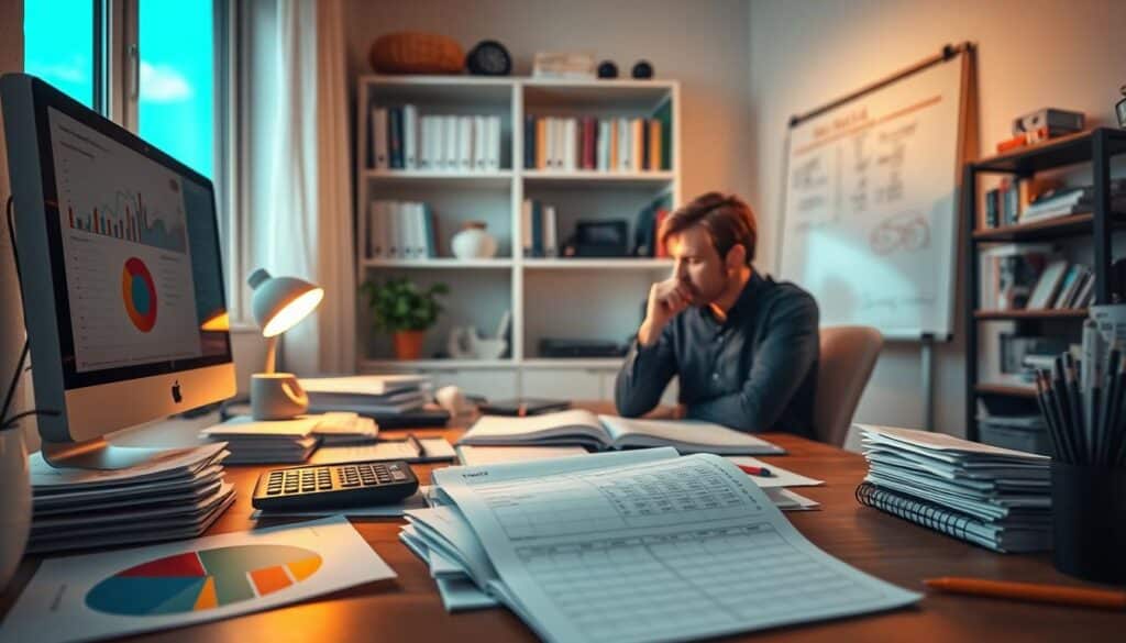 A well-lit home office with a desk, computer, and financial documents. In the foreground, a person sits at the desk, deep in thought, surrounded by pie charts, bar graphs, and an open notebook. The middle ground features stacks of bills, a calculator, and a calendar with due dates circled. In the background, shelves display financial books and a whiteboard with a plan for debt repayment strategies. Warm lighting and a calm, focused atmosphere convey a sense of control and determination to achieve financial freedom. A well-lit home office with a desk, computer, and financial documents. In the foreground, a person sits at the desk, deep in thought, surrounded by pie charts, bar graphs, and an open notebook. The middle ground features stacks of bills, a calculator, and a calendar with due dates circled. In the background, shelves display financial books and a whiteboard with a plan for debt repayment strategies. Warm lighting and a calm, focused atmosphere convey a sense of control and determination to achieve financial freedom.
