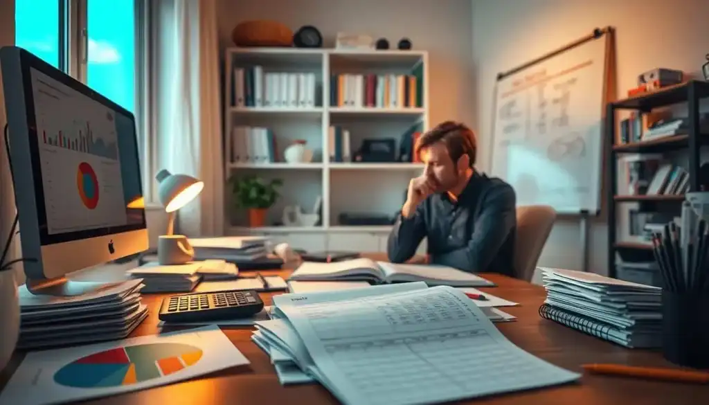 A well-lit home office with a desk, computer, and financial documents. In the foreground, a person sits at the desk, deep in thought, surrounded by pie charts, bar graphs, and an open notebook. The middle ground features stacks of bills, a calculator, and a calendar with due dates circled. In the background, shelves display financial books and a whiteboard with a plan for debt repayment strategies. Warm lighting and a calm, focused atmosphere convey a sense of control and determination to achieve financial freedom.