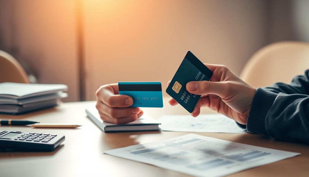 A well-lit table with various financial tools, including a calculator, pen, paper, and a stack of documents. In the foreground, two hands holding and comparing credit cards side-by-side, with a focused, analytical expression. The background features a blurred, neutral office environment, emphasizing the comparison process. Soft, warm lighting creates a professional, thoughtful atmosphere. The scene conveys the careful evaluation of different credit card options to find the ideal one for the user's needs.