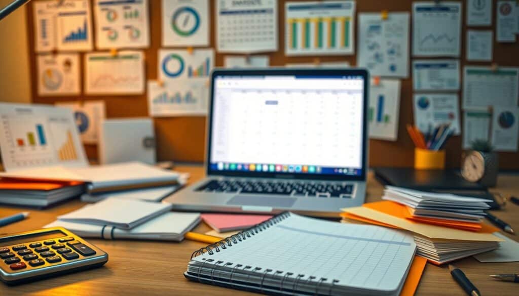 A well-organized desk featuring various budgeting tools and methods. In the foreground, a calculator, budgeting notebook, and color-coded envelopes for expenses. In the middle ground, a laptop displaying a spreadsheet with detailed financial planning. The background showcases financial charts, graphs, and calendars pinned to a corkboard, creating a professional and organized workspace. Warm, soft lighting illuminates the scene, conveying a sense of focus and productivity. The overall atmosphere is one of financial control and empowerment.