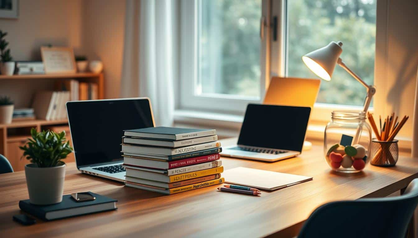 A well-organized home office with a wooden desk, a laptop, a stack of budgeting books, and a colorful savings jar. Warm, ambient lighting casts a cozy glow, while a large window in the background provides natural illumination. The scene exudes a sense of productivity and financial responsibility, with a minimalist, Scandinavian-inspired aesthetic. A potted plant and a neatly arranged stationery set add subtle touches of greenery and organization, complementing the overall theme of smart budgeting and savvy saving.