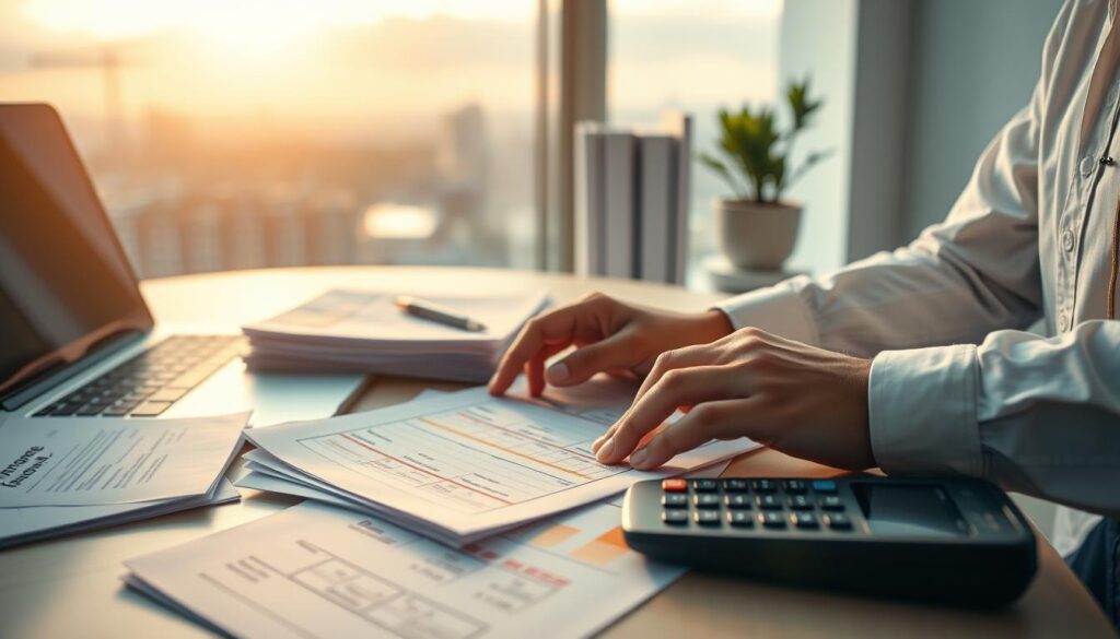 A well-organized office desk with neatly stacked financial documents, a laptop, and a calculator. In the foreground, a person's hands are meticulously tracking income and expenses on a spreadsheet. Soft, warm lighting casts a focused glow, highlighting the concentration and attention to detail. The background features a minimalist, serene workspace with a large window overlooking a tranquil cityscape, conveying a sense of control and financial clarity. The overall mood is one of organization, thoughtfulness, and a clear understanding of cash flow management. A well-organized office desk with neatly stacked financial documents, a laptop, and a calculator. In the foreground, a person's hands are meticulously tracking income and expenses on a spreadsheet. Soft, warm lighting casts a focused glow, highlighting the concentration and attention to detail. The background features a minimalist, serene workspace with a large window overlooking a tranquil cityscape, conveying a sense of control and financial clarity. The overall mood is one of organization, thoughtfulness, and a clear understanding of cash flow management.