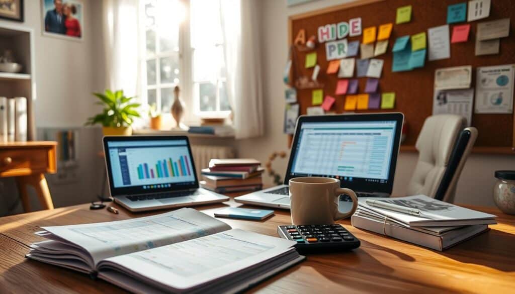 A well-organized personal budgeting workstation in a cozy, sun-lit home office. In the foreground, an open notebook with colorful budgeting spreadsheets and a calculator, alongside a cup of coffee. The middle ground features a laptop displaying a detailed monthly budget, along with several financial planning books. In the background, a large corkboard showcases various budgeting tips and strategies, neatly organized with color-coded sticky notes. The overall atmosphere is one of focused productivity, with a warm, inviting ambiance that encourages smart financial decision-making. A well-organized personal budgeting workstation in a cozy, sun-lit home office. In the foreground, an open notebook with colorful budgeting spreadsheets and a calculator, alongside a cup of coffee. The middle ground features a laptop displaying a detailed monthly budget, along with several financial planning books. In the background, a large corkboard showcases various budgeting tips and strategies, neatly organized with color-coded sticky notes. The overall atmosphere is one of focused productivity, with a warm, inviting ambiance that encourages smart financial decision-making.
