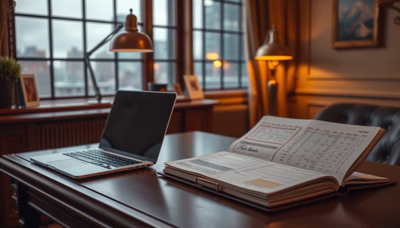 An elegant office interior with a wooden desk, a sleek laptop, and a planner open to reveal organized financial records. Warm lighting from a vintage-style desk lamp casts a cozy glow, while a large window in the background offers a scenic city view. The scene conveys a sense of focus, control, and financial mastery, inspiring the viewer to take charge of their own finances.