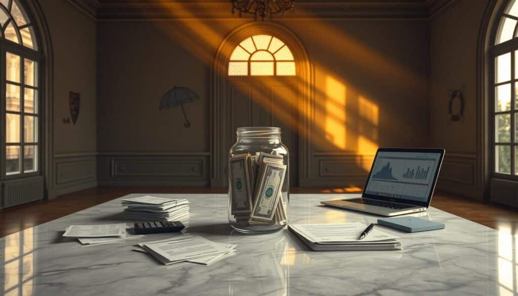 An expansive, dimly lit room with a marble-topped table in the center, on which rests a clear glass jar filled with stacks of crisp bills. Surrounding the jar, a collection of personal finance documents, a calculator, and a laptop displaying investment charts. The walls are adorned with vintage-inspired illustrations of protective icons - an umbrella, a shield, a life preserver. Beams of warm, golden light filter in through large, arched windows, casting a sense of security and stability. The overall scene conveys the importance of building a robust emergency fund and securing one's financial future for retirement. An expansive, dimly lit room with a marble-topped table in the center, on which rests a clear glass jar filled with stacks of crisp bills. Surrounding the jar, a collection of personal finance documents, a calculator, and a laptop displaying investment charts. The walls are adorned with vintage-inspired illustrations of protective icons - an umbrella, a shield, a life preserver. Beams of warm, golden light filter in through large, arched windows, casting a sense of security and stability. The overall scene conveys the importance of building a robust emergency fund and securing one's financial future for retirement.