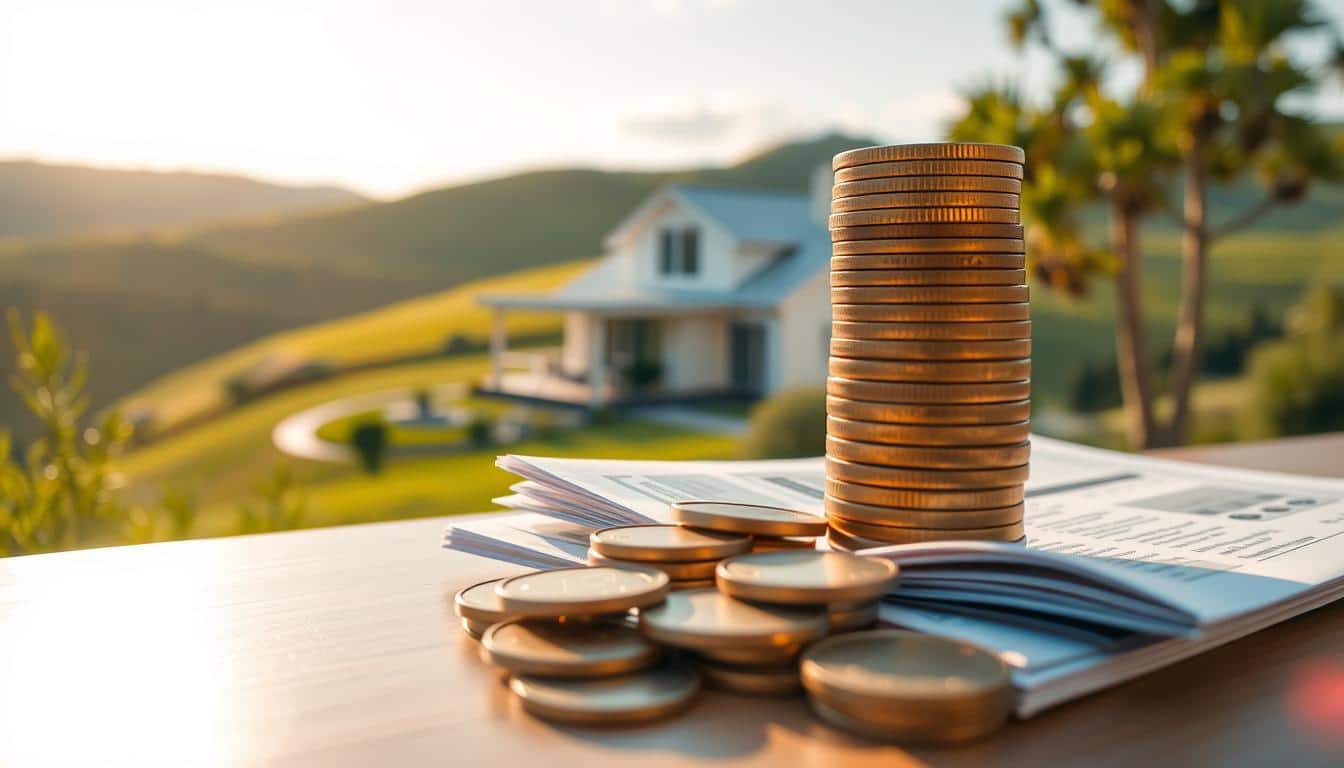 An idyllic and tranquil scene of financial security, bathed in warm, golden light. In the foreground, a stack of shiny coins and neatly organized financial documents, symbolizing wealth and stability. The middle ground features a serene, minimalist home, its clean lines and neutral tones conveying a sense of modern, effortless sophistication. In the background, a lush, verdant landscape with rolling hills and a cloudless sky, suggesting a future of boundless opportunities. The overall atmosphere is one of calm, confidence, and a well-planned, secure financial future.