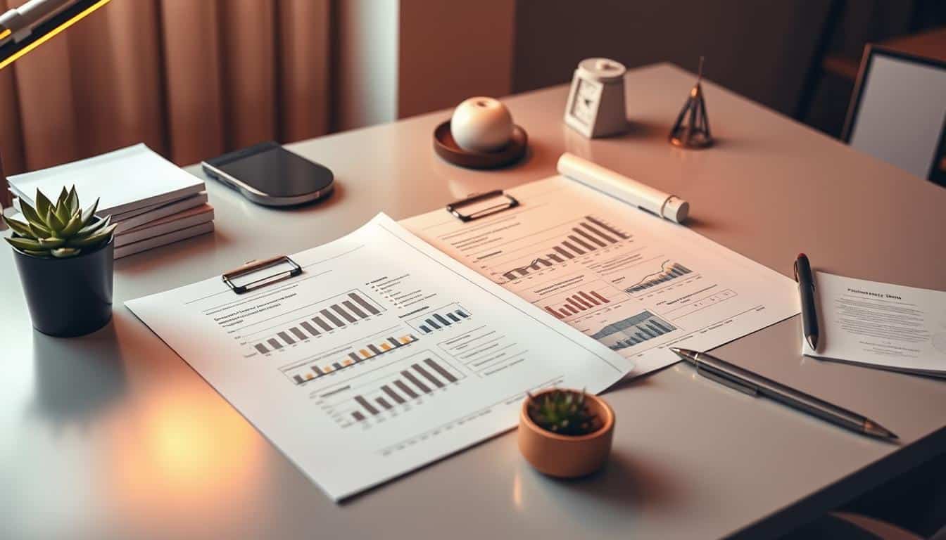 Detailed financial blueprints and wealth-building tools arranged on a sleek, modern desk. Warm, golden lighting casts a sophisticated ambiance. A succulent plant and minimalist decor elements frame the composition. The scene conveys a sense of organized productivity and a thoughtful, strategic approach to personal finance. Subtle visual metaphors for growth, progress, and financial empowerment emerge from the carefully curated elements.