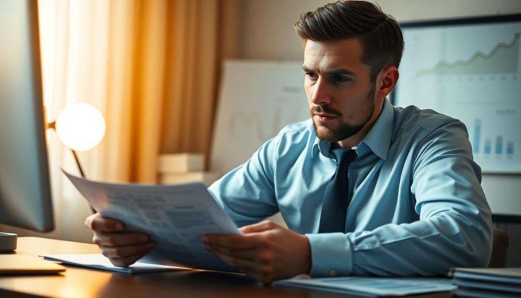 Detailed scene of a debt management plan: A businessman sitting at a desk, reviewing financial documents and charts with a pensive expression. Soft, warm lighting illuminates the workspace, creating an atmosphere of focus and diligence. In the background, a visual representation of debt reduction and financial stability, such as a line graph showing decreasing debt levels over time. The scene conveys a sense of organization, responsibility, and a methodical approach to managing personal finances and debt repayment. Detailed scene of a debt management plan: A businessman sitting at a desk, reviewing financial documents and charts with a pensive expression. Soft, warm lighting illuminates the workspace, creating an atmosphere of focus and diligence. In the background, a visual representation of debt reduction and financial stability, such as a line graph showing decreasing debt levels over time. The scene conveys a sense of organization, responsibility, and a methodical approach to managing personal finances and debt repayment.
