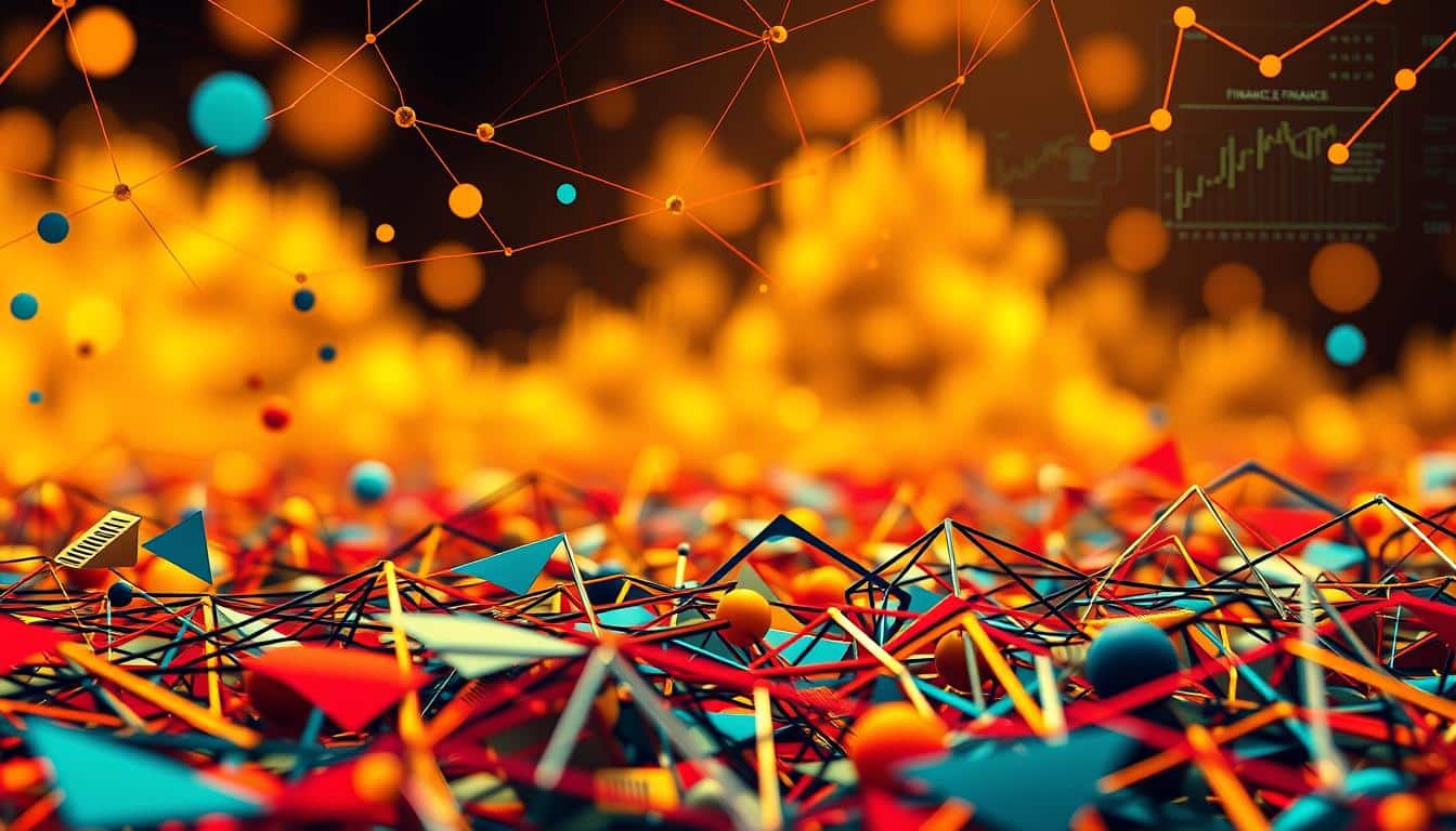 Finances: a vibrant, abstract composition with dynamic shapes and bold colors. In the foreground, a maze of interconnected lines and geometric forms, symbolizing the intricate web of financial decisions. The middle ground features cascading lines of data, charts, and numerical patterns, conveying the analytical aspects of finance. In the background, a warm, soft-focus blur of golden hues, evoking a sense of wealth and prosperity. The lighting is crisp and directional, casting subtle shadows that add depth and dimension to the scene. The overall mood is one of balance, order, and the pursuit of financial freedom.