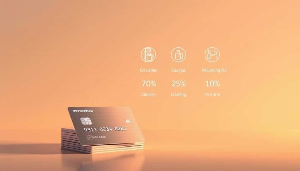 Momentum Visa Infinite cash back categories: A sleek, minimalist illustration showcasing the key cash back reward tiers. In the foreground, a stack of metallic credit cards in the Momentum Visa Infinite design, casting warm reflective light. In the middle ground, elegant icons and percentages hover, depicting the different cash back rates for categories like groceries, gas, and recurring bills. The background is a soft, gradient-filled plane, allowing the central elements to take prominence. Crisp, high-resolution rendering with a refined, modern aesthetic to visually communicate the Momentum Visa Infinite's rewards structure.