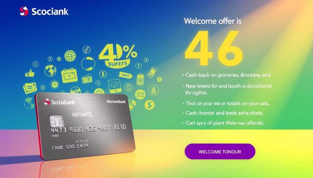 Momentum Visa welcome offer: A vibrant, modern illustration showcasing the key features of the Scotiabank Momentum Visa Infinite card. In the foreground, a sleek, metallic credit card takes center stage, reflecting the high-end design. The middle ground features a lively array of icons and graphics, highlighting the 4% cash back on groceries and other enticing benefits. The background is a gradient of blues and greens, evoking a sense of financial stability and growth. Warm, directional lighting casts a subtle glow, creating a premium, aspirational atmosphere. The composition is balanced and visually compelling, designed to capture the attention of potential cardholders and convey the value of the welcome offer.