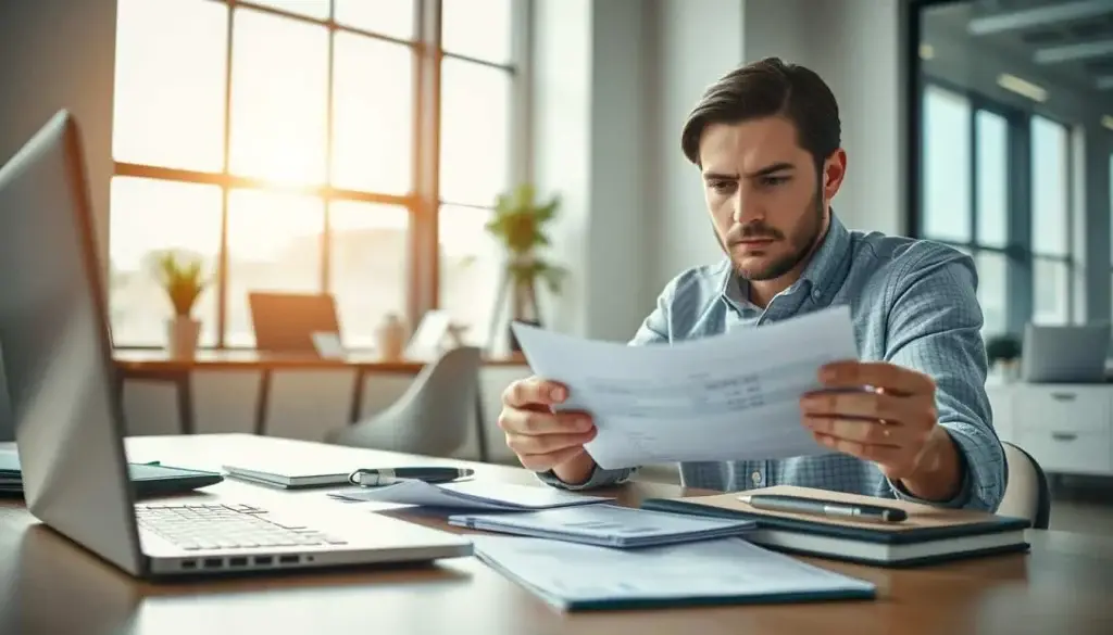 Paycheck optimization: A contemporary office setting, well-lit with natural illumination streaming through large windows. In the foreground, a desk with a laptop, calculator, and neatly organized financial documents. In the middle ground, an employee thoughtfully reviewing their paycheck, brow furrowed in concentration. The background features minimalist office decor, conveying a sense of professionalism and efficiency. The mood is one of careful analysis and financial prudence, with a subtle air of determination to maximize savings through smart tax planning.