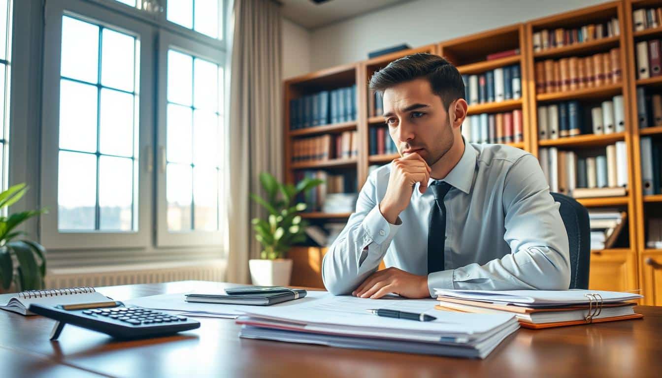 Prompt A serene office setting, the sun filtering through large windows, illuminating a wooden desk adorned with a calculator, pen, and neatly stacked documents. In the foreground, a thoughtful individual, dressed professionally, contemplates their financial strategy, their expression conveying a sense of focused determination. The background showcases a bookshelf filled with reference materials, hinting at the depth of knowledge and attention to detail required for effective tax planning. The overall scene radiates a sense of order, control, and a commitment to maximizing financial well-being through strategic decision-making.