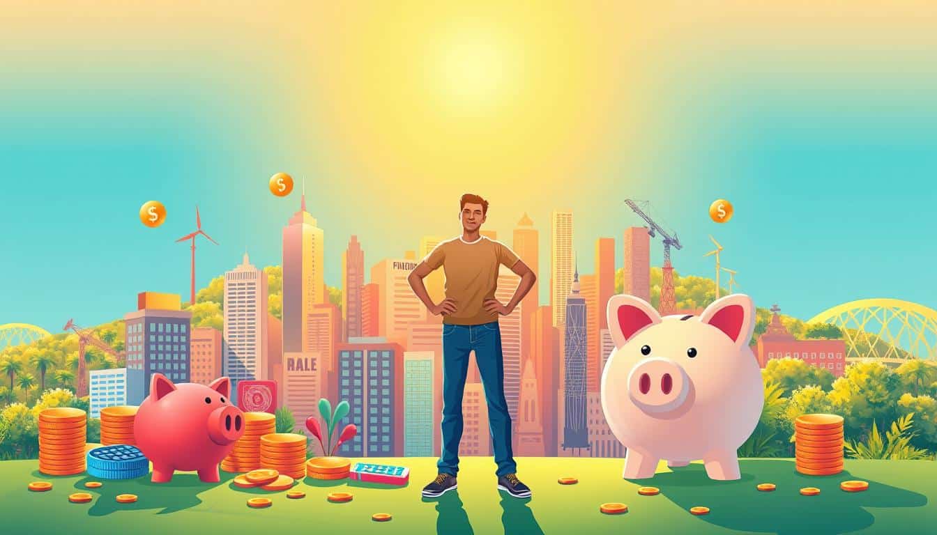 Prompt A vibrant, visually striking illustration depicting the concept of financial literacy. The foreground features a person standing confidently, surrounded by various financial symbols and tools such as coins, charts, calculators, and a sturdy piggy bank. The middle ground showcases a vibrant cityscape with modern architecture, bustling with activity, representing the financial landscape. The background offers a serene, sun-dappled setting, with lush greenery and a clear, calm sky, symbolizing the sense of empowerment and personal growth that financial literacy can bring. The lighting is warm and inviting, creating a sense of optimism and progress. The overall composition conveys a harmonious balance between financial knowledge, personal growth, and a thriving, prosperous environment.