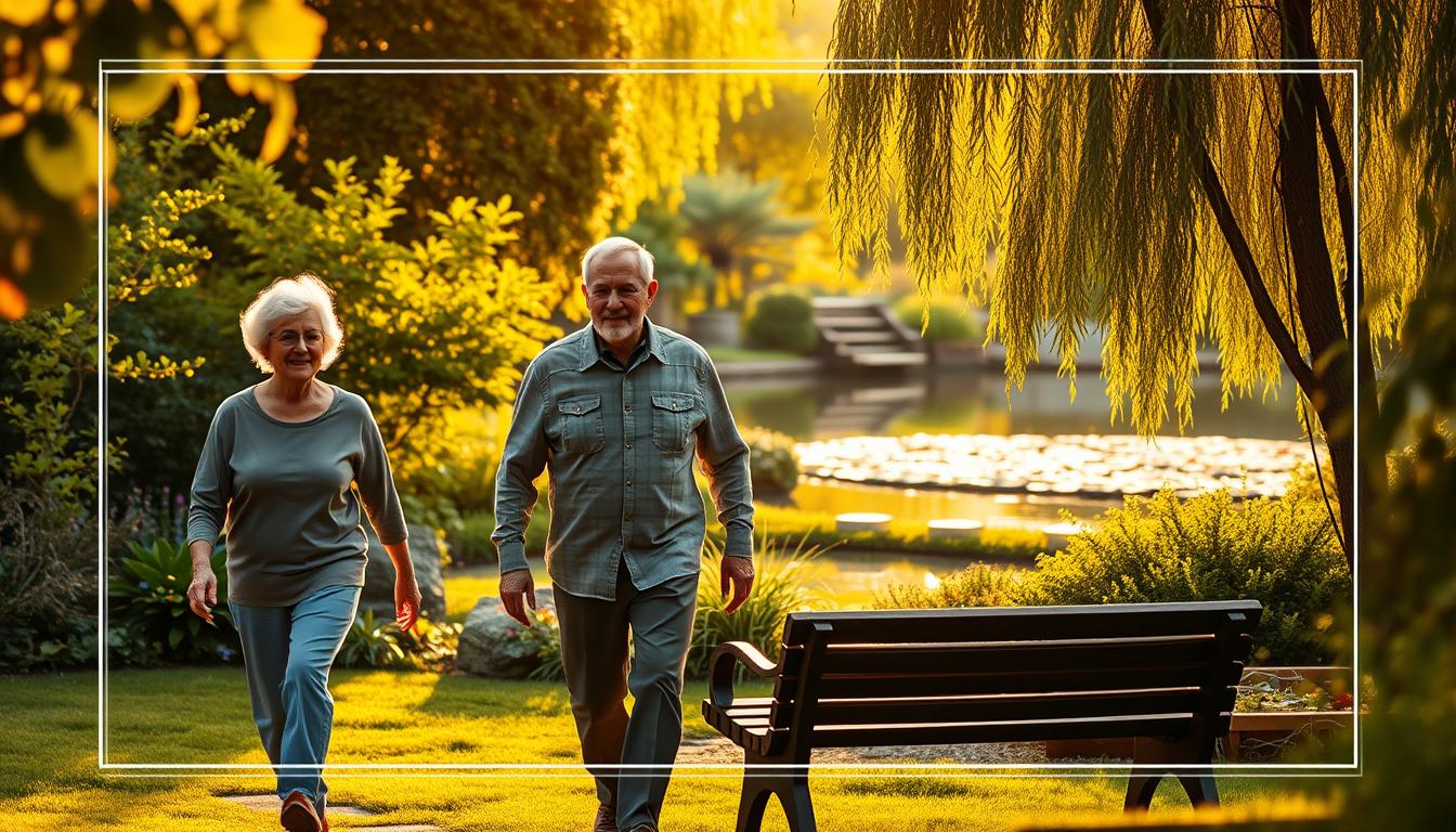 Retirement planning: a serene garden oasis, where golden sunlight filters through lush greenery. In the foreground, a retiree couple strolls hand-in-hand, their faces reflecting the tranquility of their newfound freedom. The middle ground features a wooden bench, inviting contemplation and relaxation. In the background, a picturesque pond reflects the surrounding flora, creating a sense of harmony and balance. The scene is illuminated by a warm, golden-hour glow, evoking a feeling of contentment and security. The composition is framed by a subtle, elegant border, lending an air of timelessness to the image.