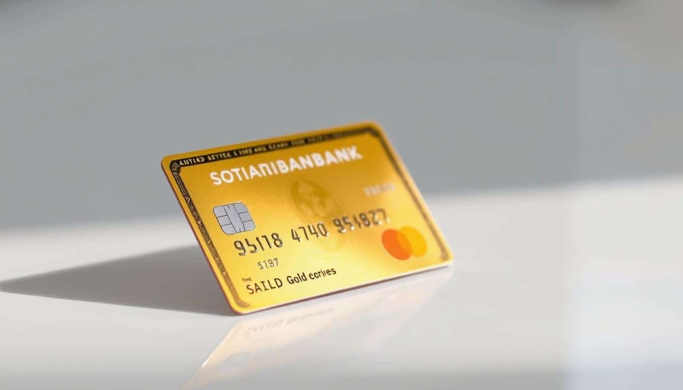 Scotiabank Gold Amex Card, a sleek and sophisticated credit card, lying on a smooth, reflective surface. The card's gold and black design shines under soft, diffused lighting, creating a sense of luxury and exclusivity. The card is slightly angled, revealing the intricate details of the embossed Amex logo and the card number. The background is a clean, minimalist setting, allowing the card to be the focal point. The overall composition conveys a sense of elegance, simplicity, and the high-end benefits of the Scotiabank Gold Amex Card.