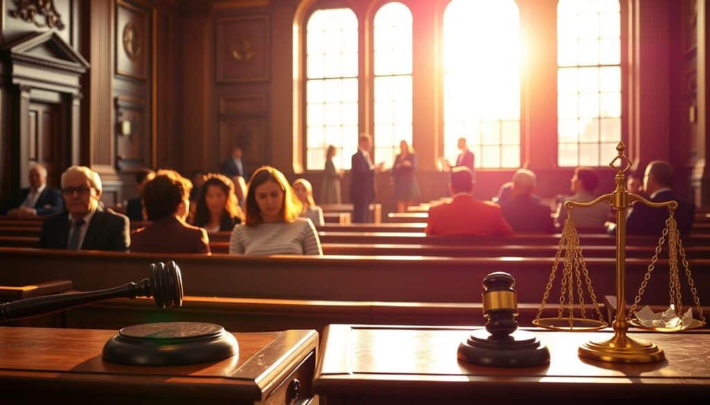 Vibrant courtroom scene, illuminated by warm, natural light streaming through large windows. In the foreground, a judge's desk with gavel and scales of justice, symbolizing the legal process. Behind it, a row of wooden benches where individuals in financial distress sit, faces pensive, contemplating their options. In the middle ground, lawyers confer, discussing bankruptcy filings and alternative debt management solutions. The background depicts the imposing architecture of the courthouse, conveying the gravity and significance of the proceedings. An atmosphere of solemnity and contemplation pervades the scene, reflecting the difficult choices facing those seeking financial freedom. Vibrant courtroom scene, illuminated by warm, natural light streaming through large windows. In the foreground, a judge's desk with gavel and scales of justice, symbolizing the legal process. Behind it, a row of wooden benches where individuals in financial distress sit, faces pensive, contemplating their options. In the middle ground, lawyers confer, discussing bankruptcy filings and alternative debt management solutions. The background depicts the imposing architecture of the courthouse, conveying the gravity and significance of the proceedings. An atmosphere of solemnity and contemplation pervades the scene, reflecting the difficult choices facing those seeking financial freedom.