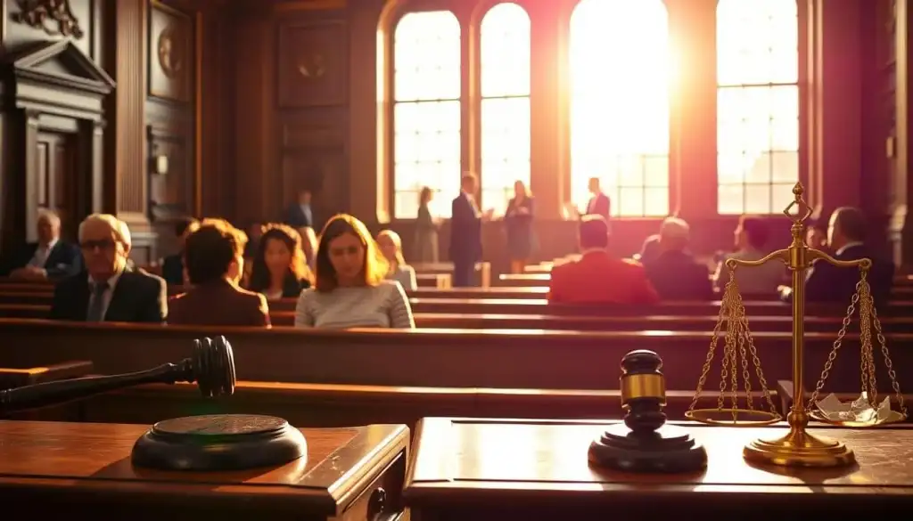 Vibrant courtroom scene, illuminated by warm, natural light streaming through large windows. In the foreground, a judge's desk with gavel and scales of justice, symbolizing the legal process. Behind it, a row of wooden benches where individuals in financial distress sit, faces pensive, contemplating their options. In the middle ground, lawyers confer, discussing bankruptcy filings and alternative debt management solutions. The background depicts the imposing architecture of the courthouse, conveying the gravity and significance of the proceedings. An atmosphere of solemnity and contemplation pervades the scene, reflecting the difficult choices facing those seeking financial freedom.