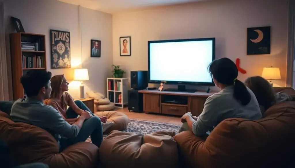 a cozy living room with a group of friends gathered around a large TV screen, enjoying a movie night on a low-cost entertainment setup. the room has soft lighting, with a warm and inviting atmosphere. the TV is an older model, but it's supplemented by a simple audio system and comfortable beanbags or floor cushions. the group is relaxed and engaged, focused on the film. in the background, there's a bookshelf with a few personal items, adding a touch of personality to the space. the overall scene conveys a sense of togetherness and simple pleasures in a budget-friendly environment.