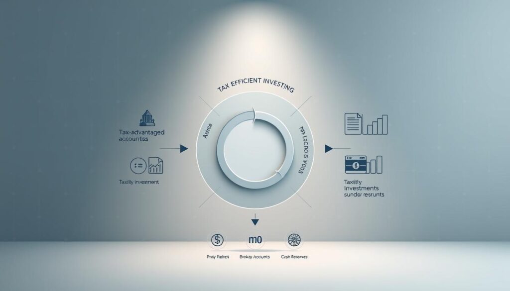 a detailed and realistic financial diagram depicting tax-efficient investing strategies, with a clean and professional aesthetic. The foreground shows a central pie chart illustrating the optimal asset allocation across tax-advantaged accounts, taxable investments, and cash reserves. The middle ground features annotated icons representing different investment vehicles like 401(k), IRA, and brokerage accounts, with arrows indicating the flow of funds. The background showcases a muted geometric pattern evoking financial graphs and charts, with subtle lighting creating depth and a sense of sophistication. The overall composition conveys a thoughtful, data-driven approach to maximizing after-tax returns. a detailed and realistic financial diagram depicting tax-efficient investing strategies, with a clean and professional aesthetic. The foreground shows a central pie chart illustrating the optimal asset allocation across tax-advantaged accounts, taxable investments, and cash reserves. The middle ground features annotated icons representing different investment vehicles like 401(k), IRA, and brokerage accounts, with arrows indicating the flow of funds. The background showcases a muted geometric pattern evoking financial graphs and charts, with subtle lighting creating depth and a sense of sophistication. The overall composition conveys a thoughtful, data-driven approach to maximizing after-tax returns.