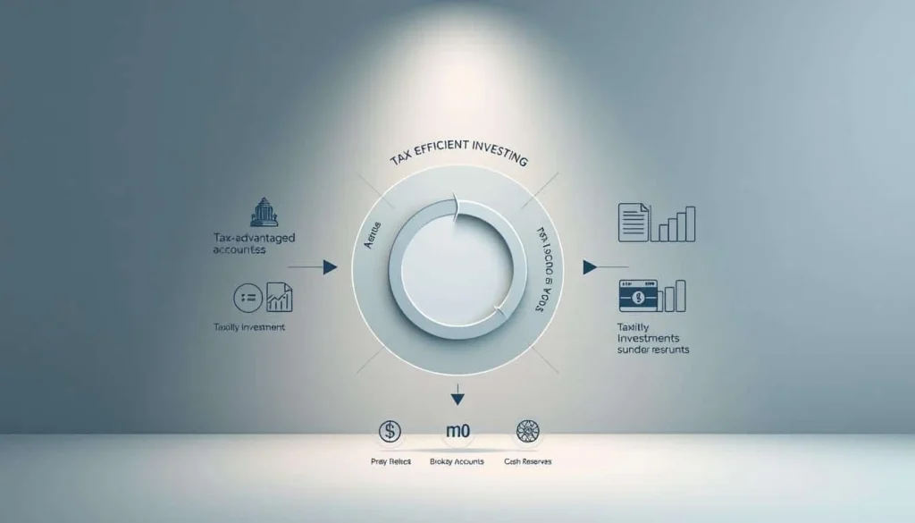 a detailed and realistic financial diagram depicting tax-efficient investing strategies, with a clean and professional aesthetic. The foreground shows a central pie chart illustrating the optimal asset allocation across tax-advantaged accounts, taxable investments, and cash reserves. The middle ground features annotated icons representing different investment vehicles like 401(k), IRA, and brokerage accounts, with arrows indicating the flow of funds. The background showcases a muted geometric pattern evoking financial graphs and charts, with subtle lighting creating depth and a sense of sophistication. The overall composition conveys a thoughtful, data-driven approach to maximizing after-tax returns.