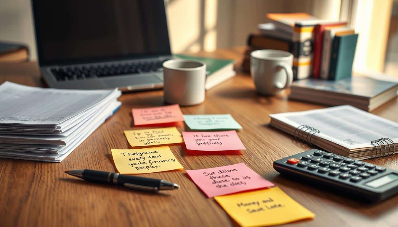 a detailed, photorealistic image of various financial tips and strategies laid out on a wooden desk. In the foreground, there are neatly stacked papers, a pen, and a calculator. In the middle ground, there are several colorful sticky notes with handwritten money-saving tips. In the background, a laptop, a mug of coffee, and a few books on personal finance create a cozy, productive workspace. The lighting is soft and natural, creating a warm, inviting atmosphere. The overall composition conveys a sense of organization, focus, and financial discipline.